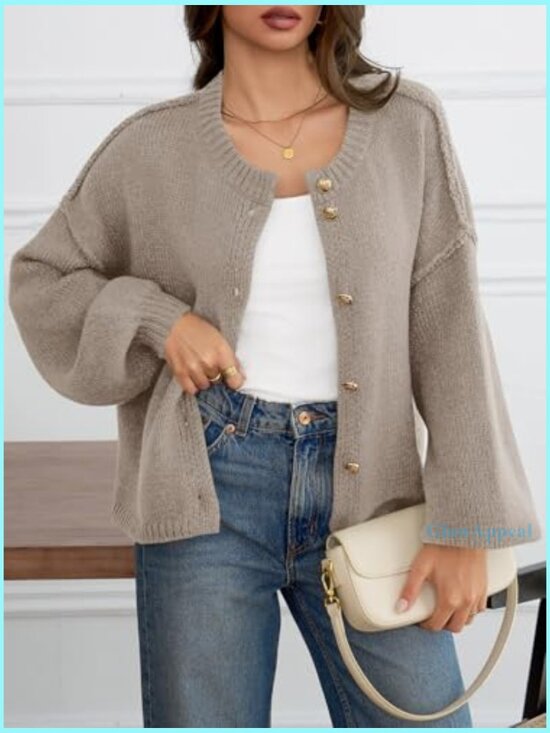 Oversized Chunky Knit Cardigan with Lantern Sleeves, Button Front, Soft - Picture 2 of 7